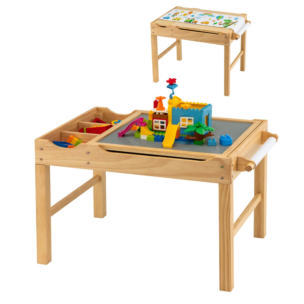 2-in-1 Kids Activity Table with Reversible Tabletop and Storage Compartments-Natural