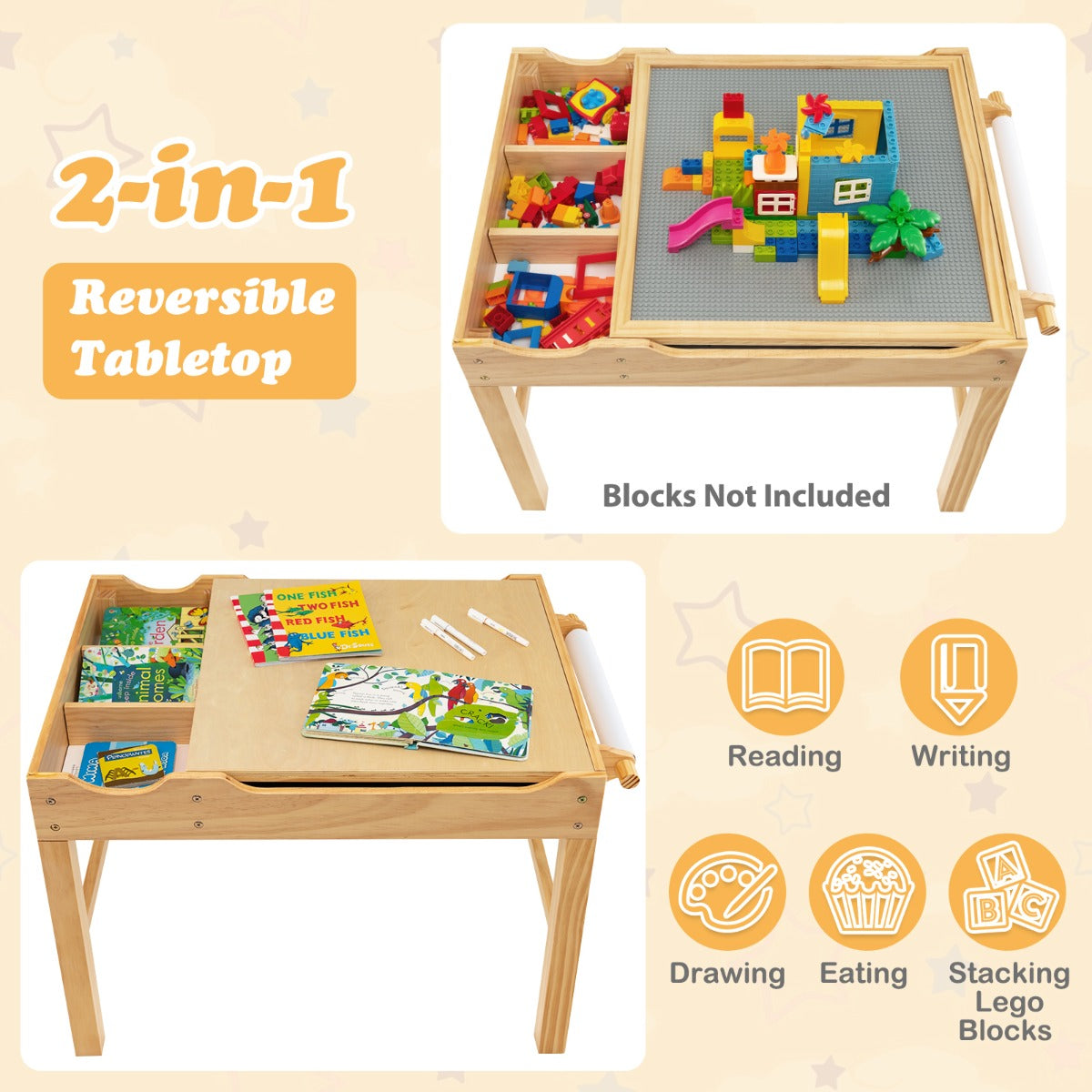 2-in-1 Kids Activity Table with Reversible Tabletop and Storage Compartments-Natural