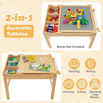 2-in-1 Kids Activity Table with Reversible Tabletop and Storage Compartments-Natural