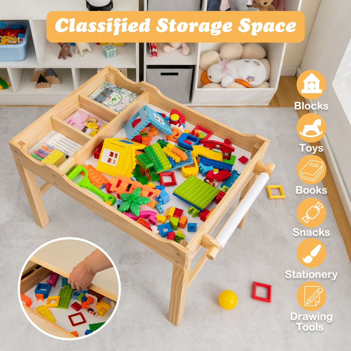 2-in-1 Kids Activity Table with Reversible Tabletop and Storage Compartments-Natural