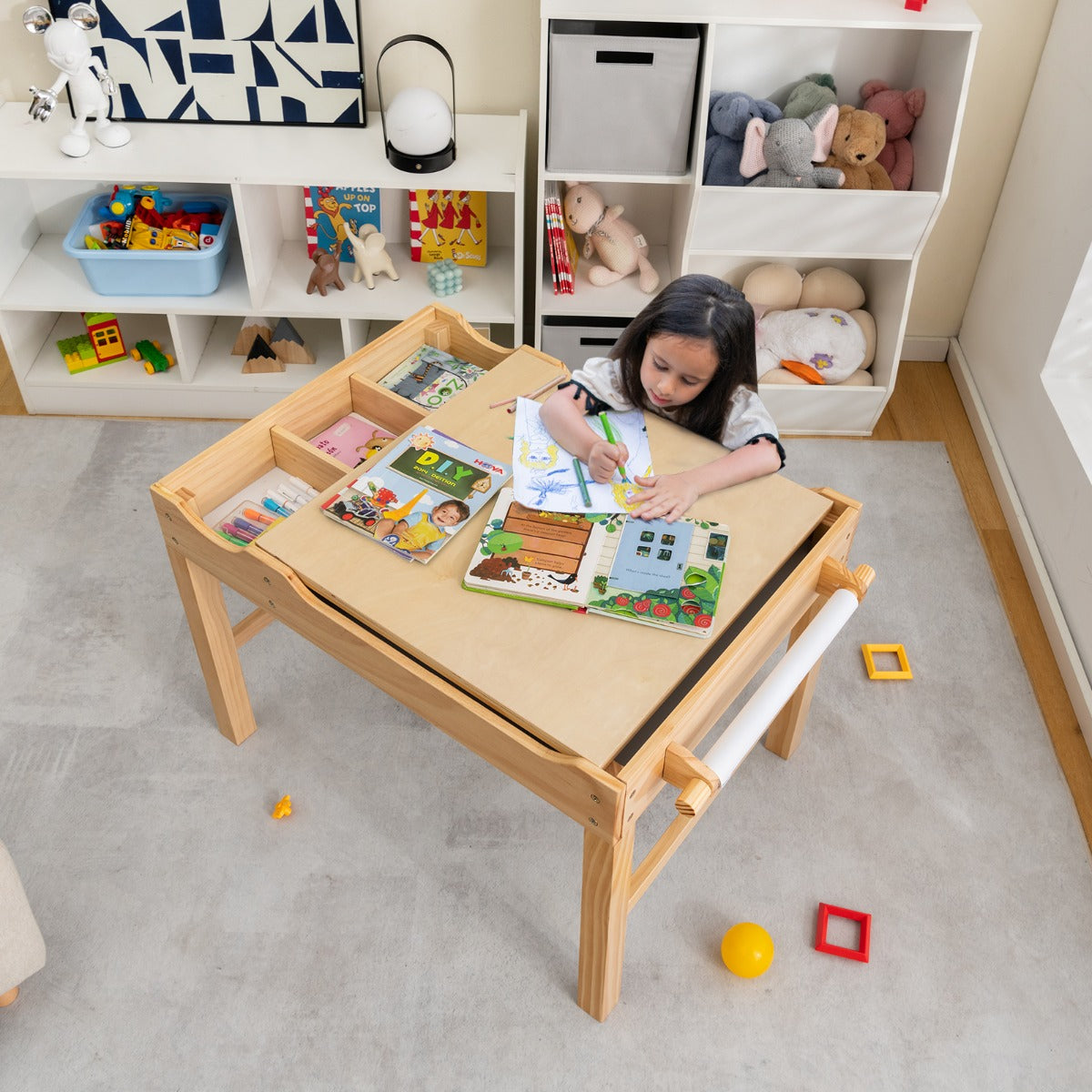 2-in-1 Kids Activity Table with Reversible Tabletop and Storage Compartments-Natural