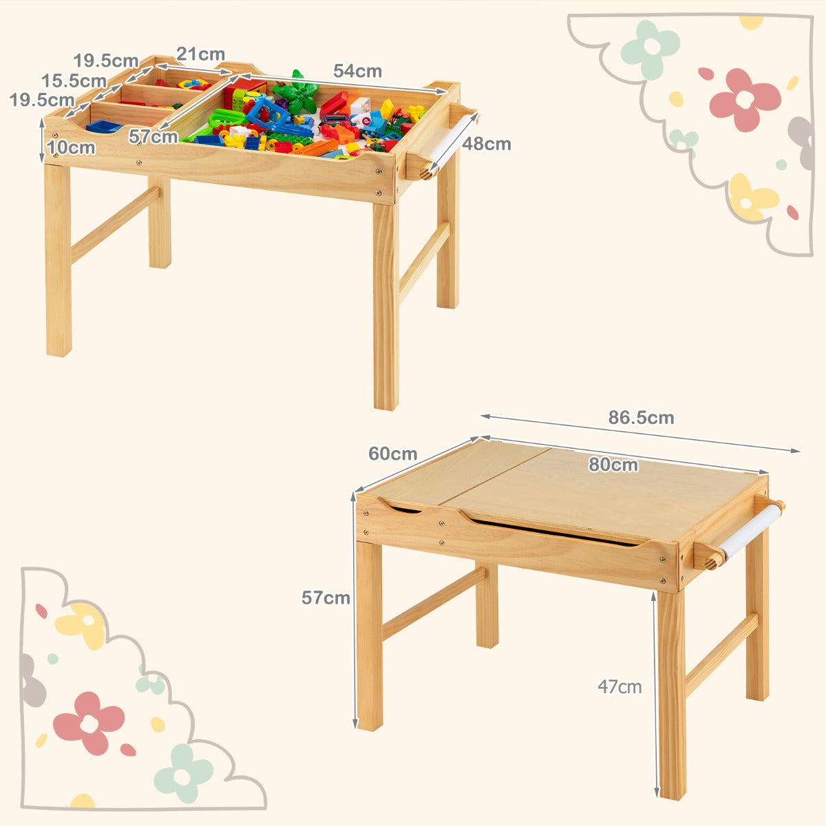 2-in-1 Kids Activity Table with Reversible Tabletop and Storage Compartments-Natural