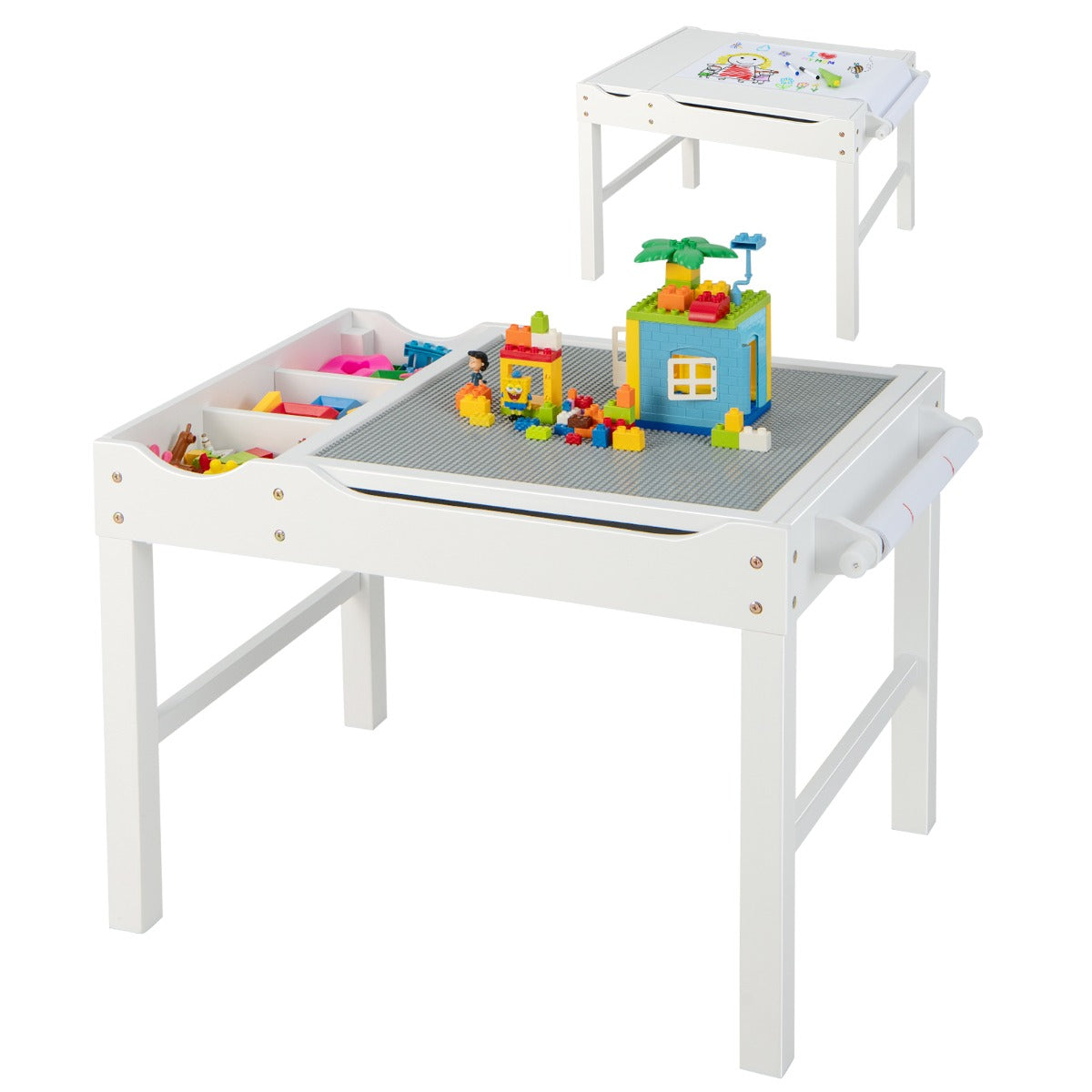 2-in-1 Kids Activity Table with Reversible Tabletop and Storage Compartments-White