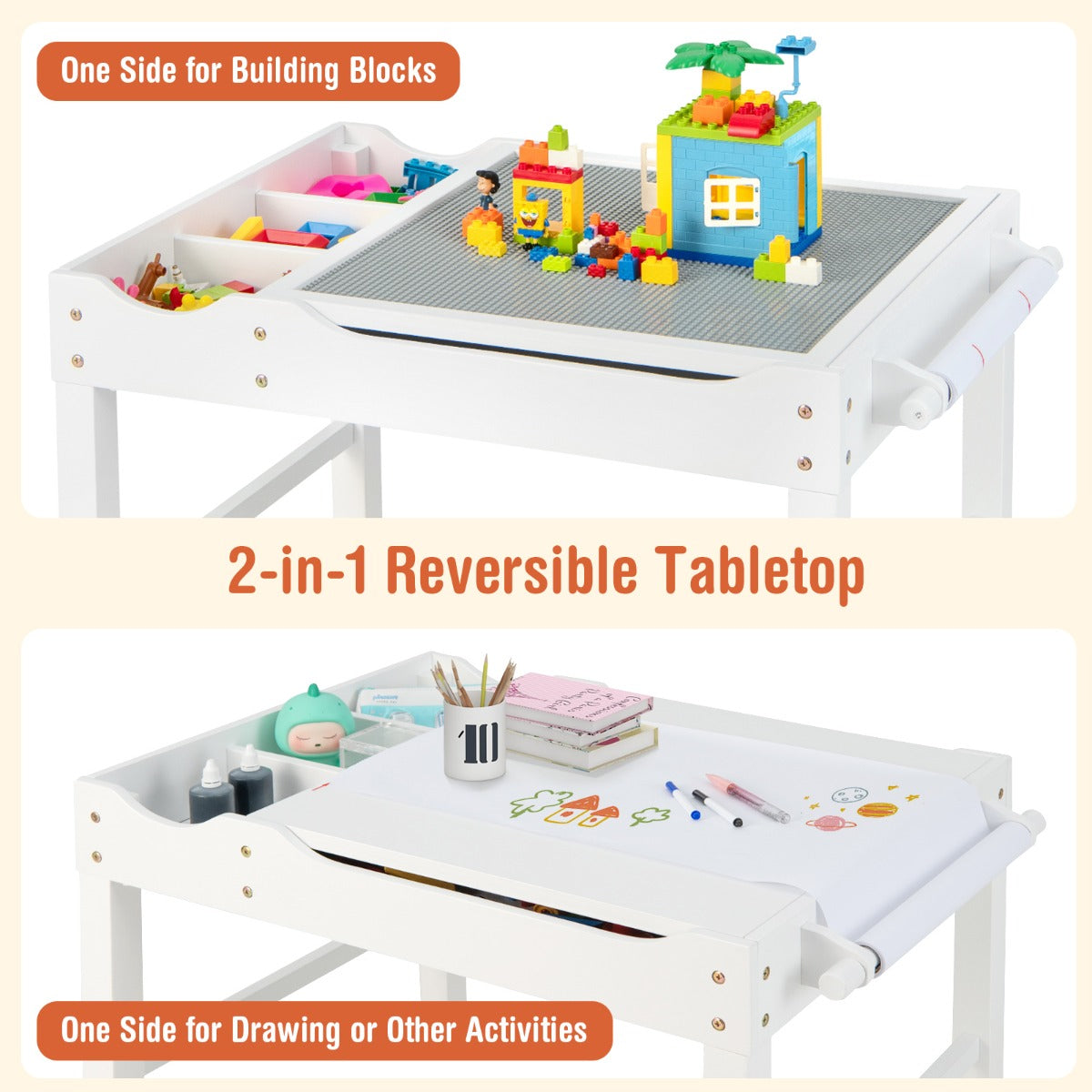 2-in-1 Kids Activity Table with Reversible Tabletop and Storage Compartments-White
