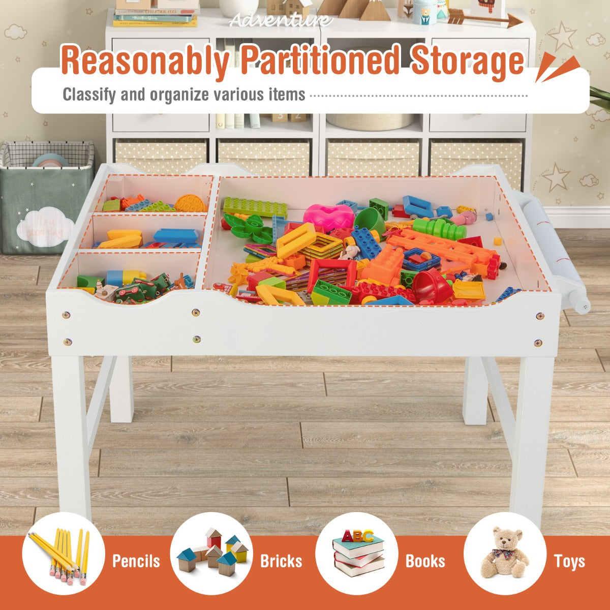 2-in-1 Kids Activity Table with Reversible Tabletop and Storage Compartments-White