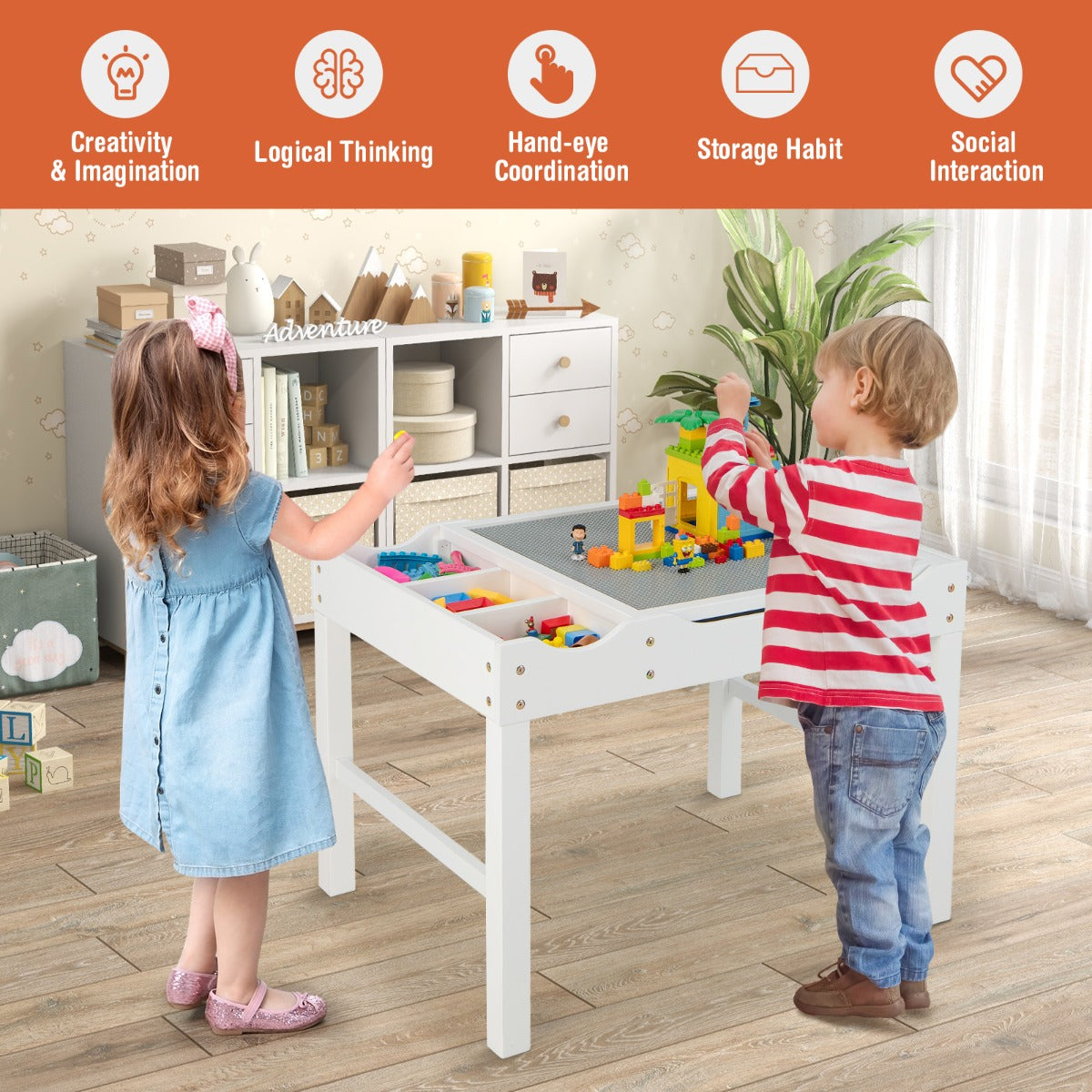2-in-1 Kids Activity Table with Reversible Tabletop and Storage Compartments-White