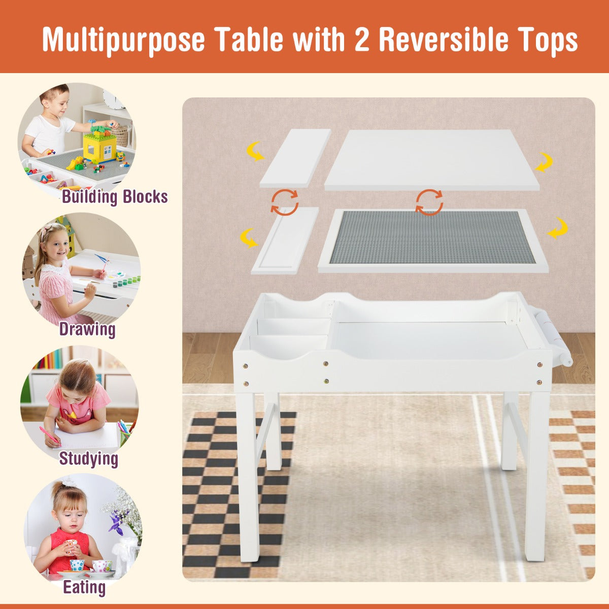 2-in-1 Kids Activity Table with Reversible Tabletop and Storage Compartments-White