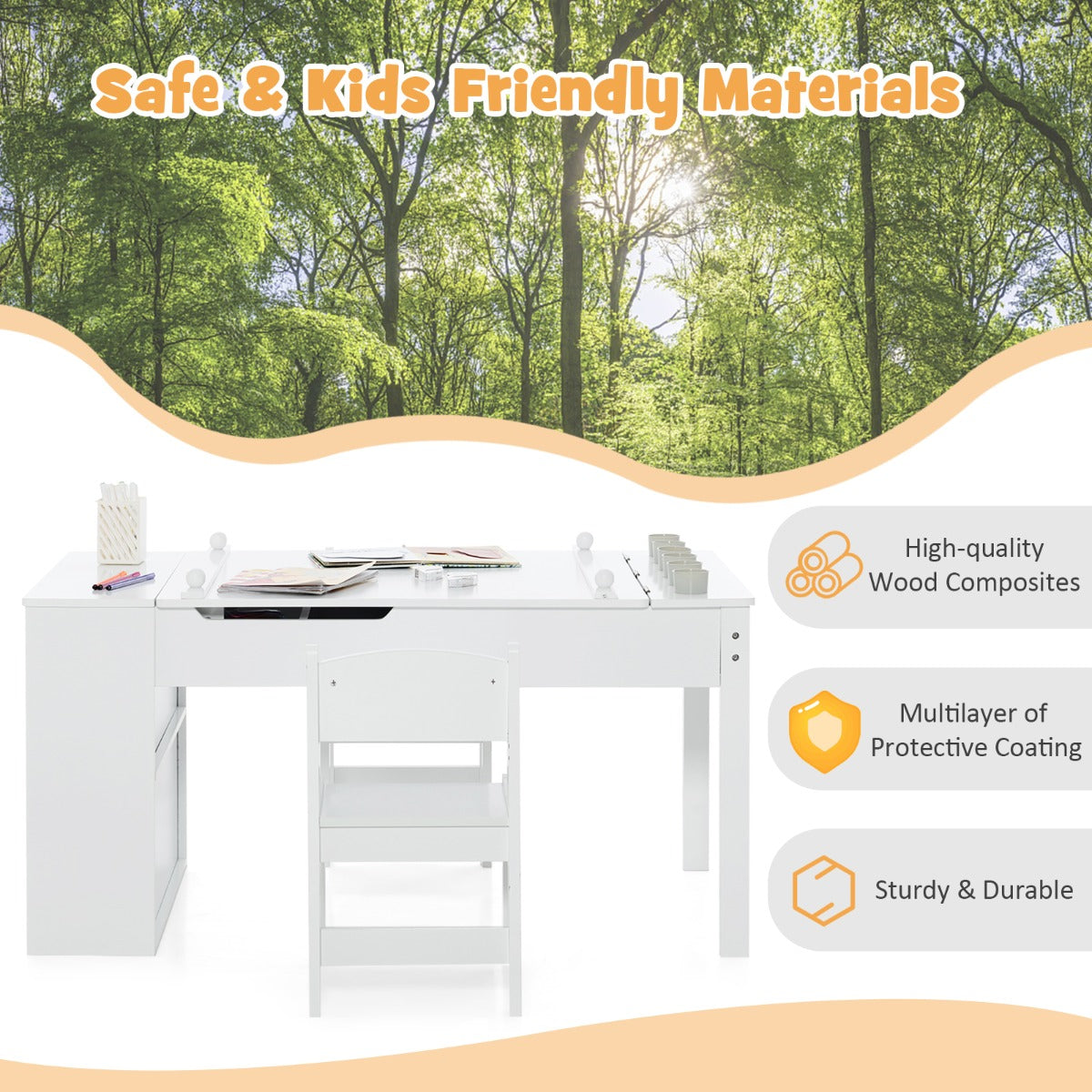 Kids Art Table and 2 Chairs Set with Paper Roll for Daycare Nursery Playroom
