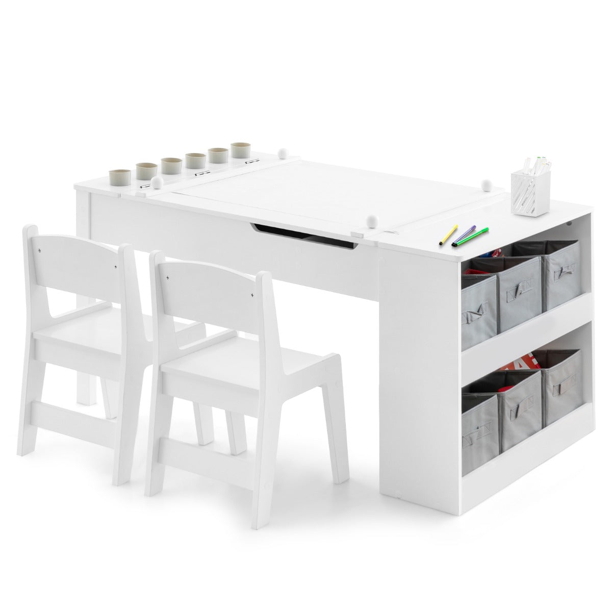 Kids Art Table and 2 Chairs Set with Paper Roll for Daycare Nursery Playroom