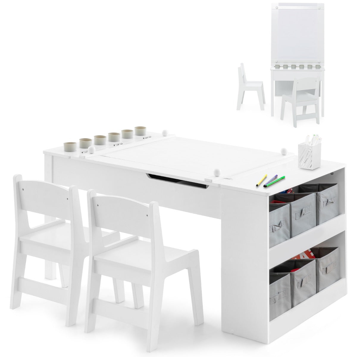 Kids Art Table and 2 Chairs Set with Paper Roll for Daycare Nursery Playroom