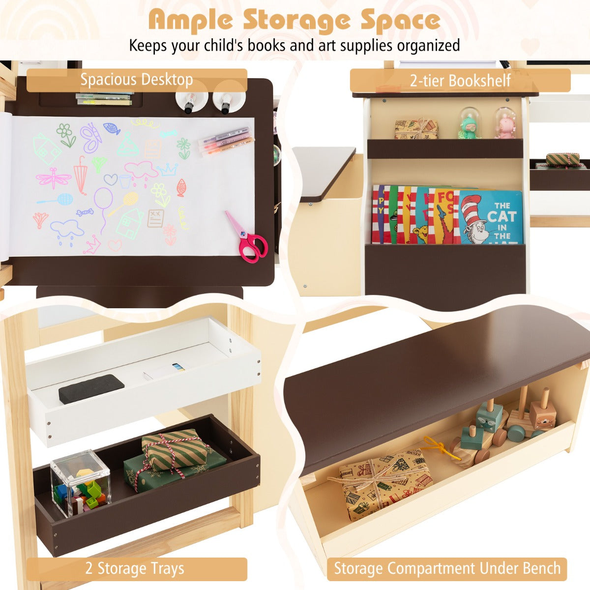 Kids Art Table & Bench Set with Adjustable Easel and Storage - Coffee/Grey