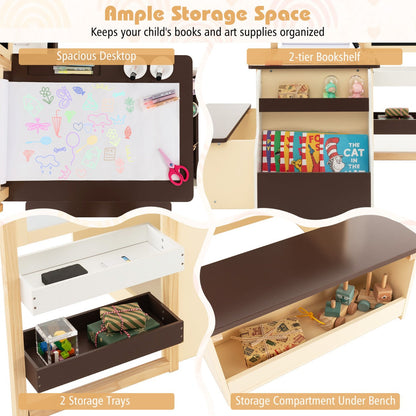 Kids Art Table & Bench Set with Adjustable Easel and Storage - Coffee/Grey