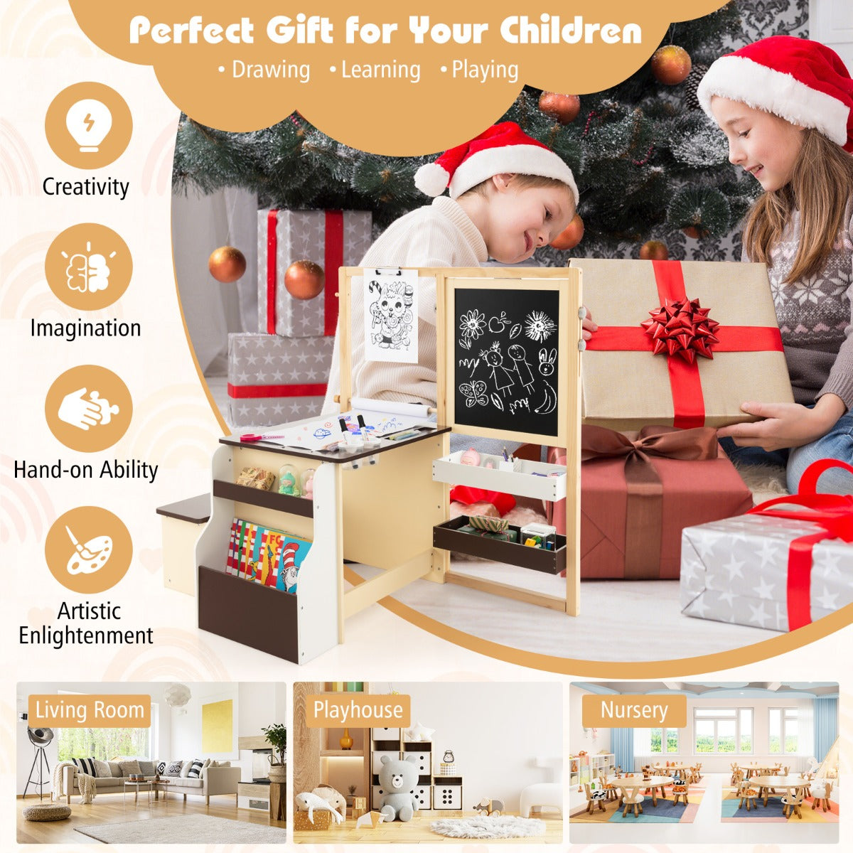 Costway Kids Art Table &amp; Bench Set with Double-Sided Adjustable Easel-Coffee