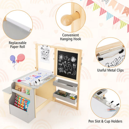 Two trays, a bookshelf, hanging hook, and under-bench compartment organize toys and art supplies