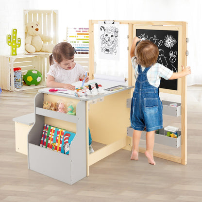 Wide bench offers a comfortable place for kids to sit, read, write, eat, or work beside the table
