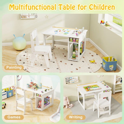 Kids Art Table and Chair Set with Paper Roll and Storage Shelves-White