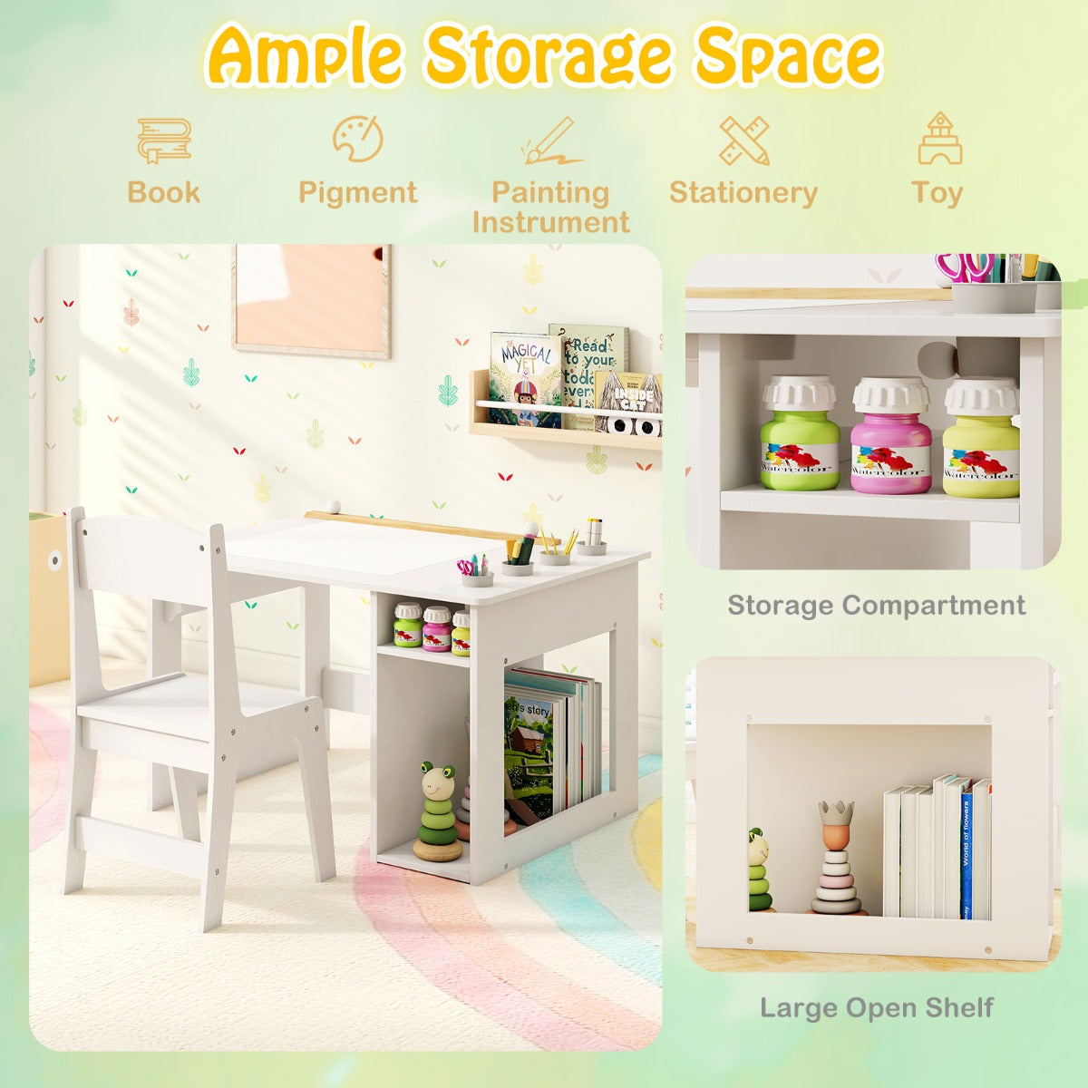 Kids Art Table and Chair Set with Paper Roll and Storage Shelves-White