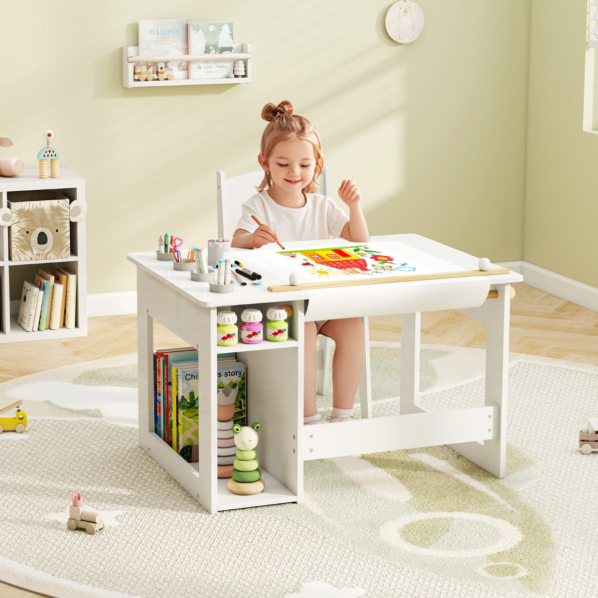Kids Art Table and Chair Set with Paper Roll and Storage Shelves-White