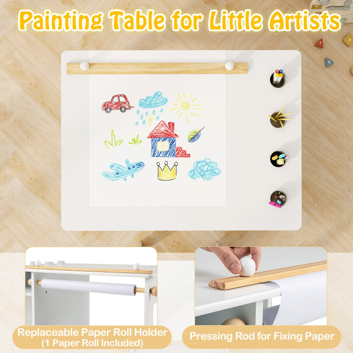 Kids Art Table and Chair Set with Paper Roll and Storage Shelves-White