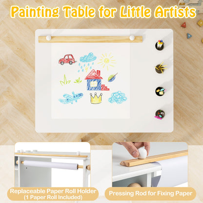 Kids Art Table and Chair Set with Paper Roll and Storage Shelves-White