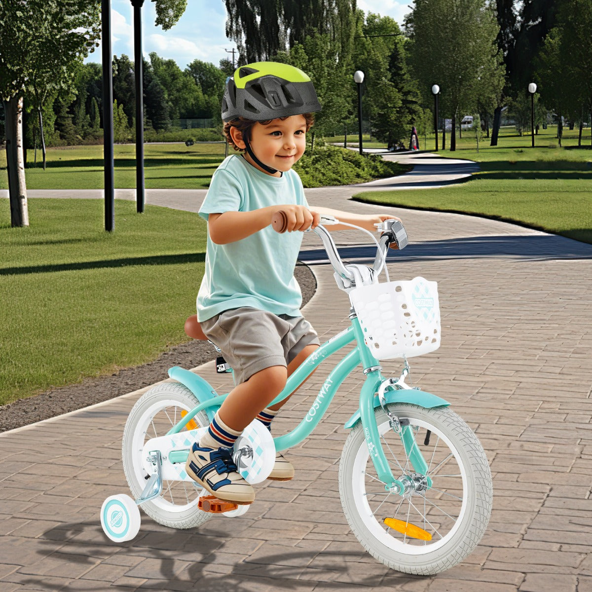 Kids Bike with Front Handbrake and Rear Coaster Brake for 3-5/4-7/4-8 Years Old-Light Green-14 inches