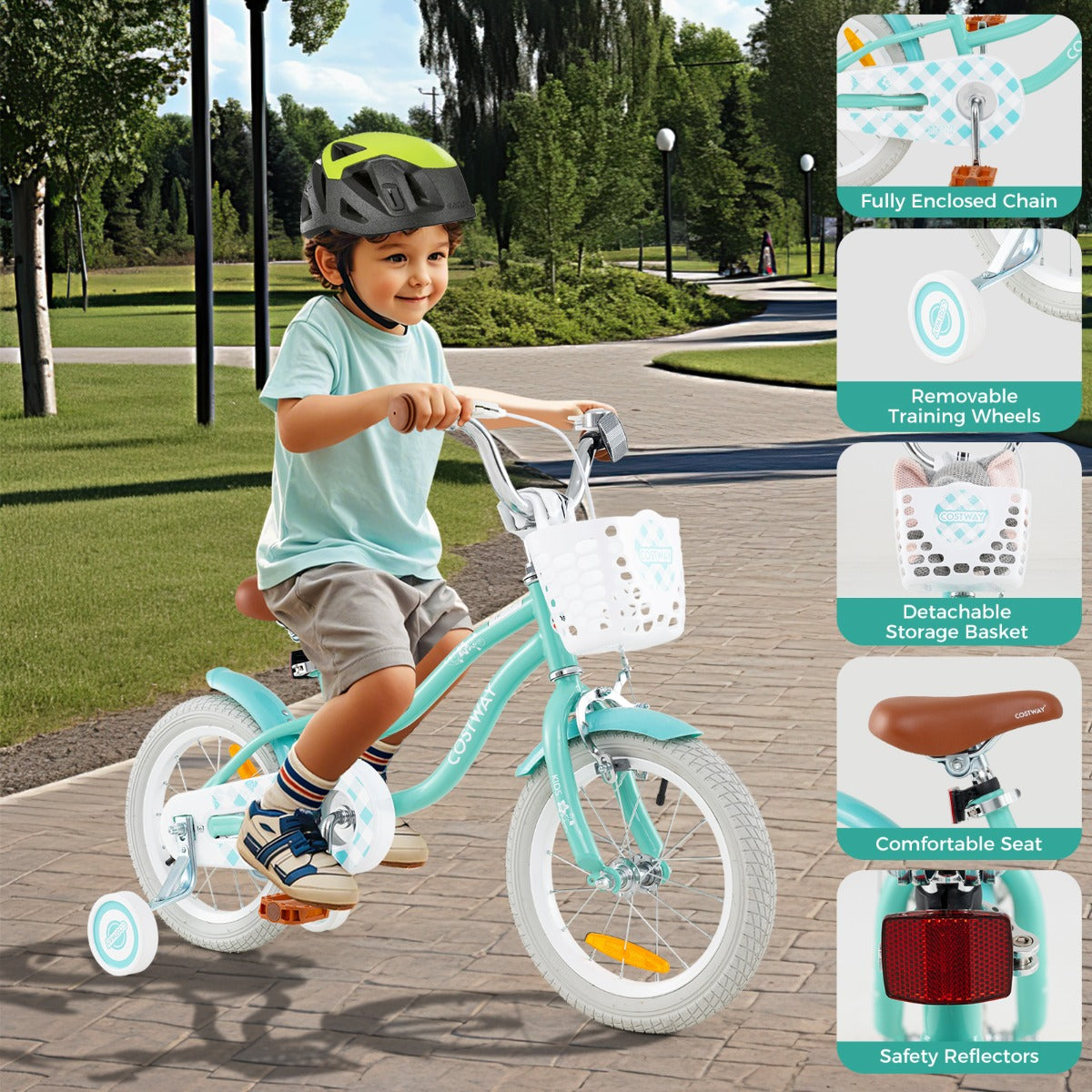 Kids Bike with Front Handbrake and Rear Coaster Brake for 3-5/4-7/4-8 Years Old-Light Green-14 inches