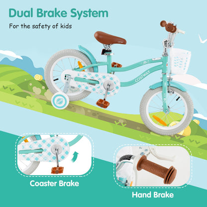 Kids Bike with Front Handbrake and Rear Coaster Brake for 3-5/4-7/4-8 Years Old-Light Green-14 inches