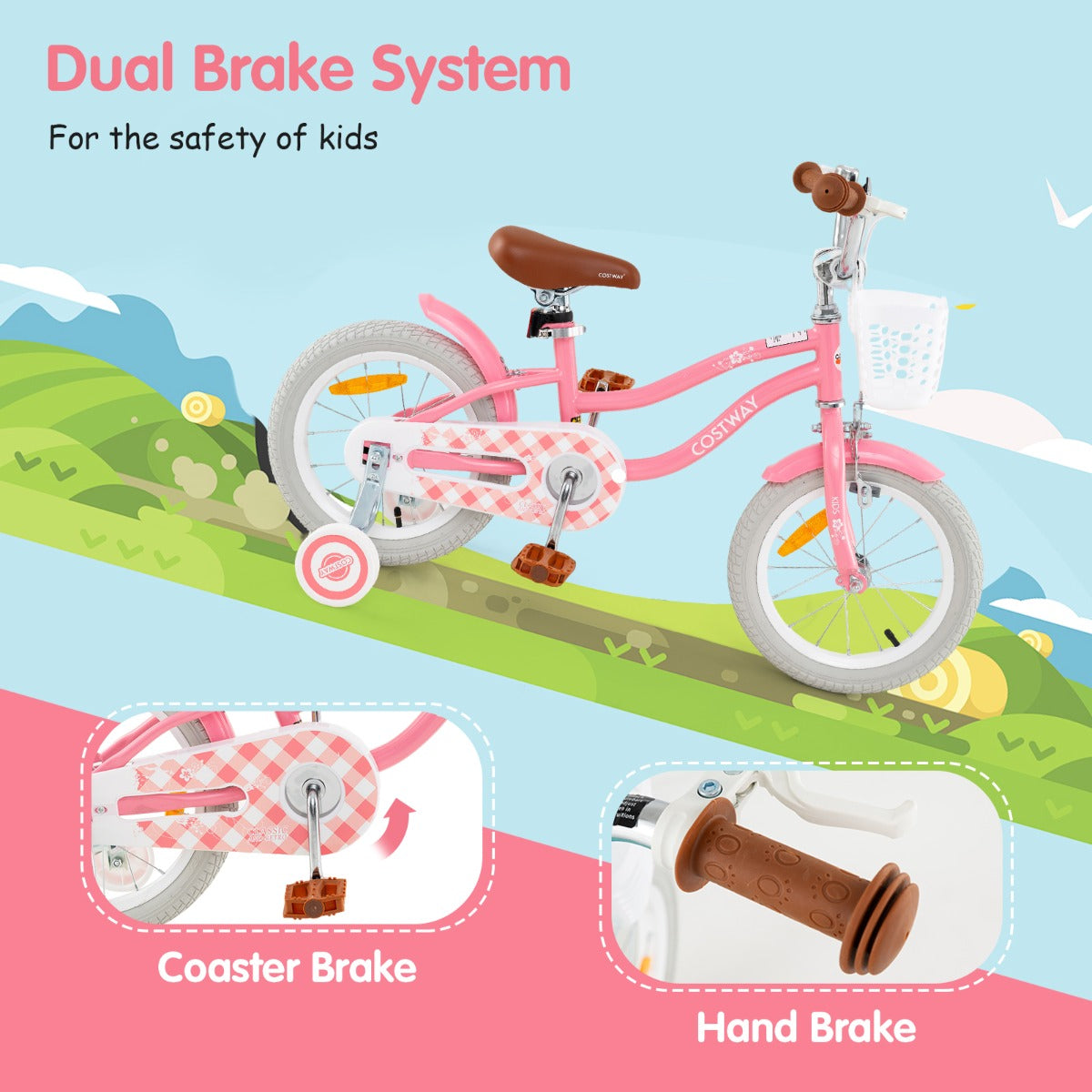 Kids Bike with Front Handbrake and Rear Coaster Brake for 3-5 Years Old-Peach Red-14 inches
