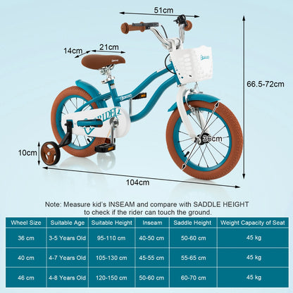 Kids Bike Adjustable with Handbrake and Basket for 3-5 Years Old-Turquoise-14 inches