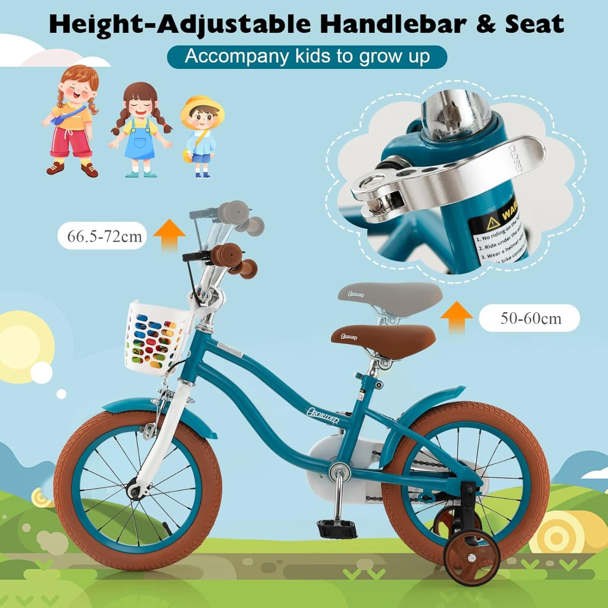 Kids Bike Adjustable with Handbrake and Basket for 3-5 Years Old-Turquoise-14 inches