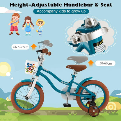 Kids Bike Adjustable with Handbrake and Basket for 3-5 Years Old-Turquoise-14 inches