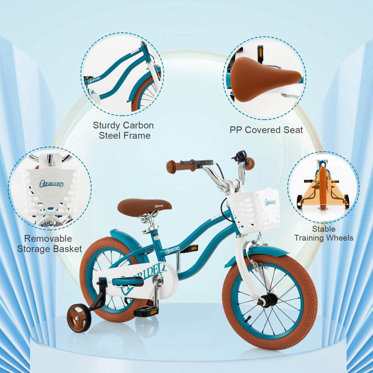 Kids Bike Adjustable with Handbrake and Basket for 3-5 Years Old-Turquoise-14 inches