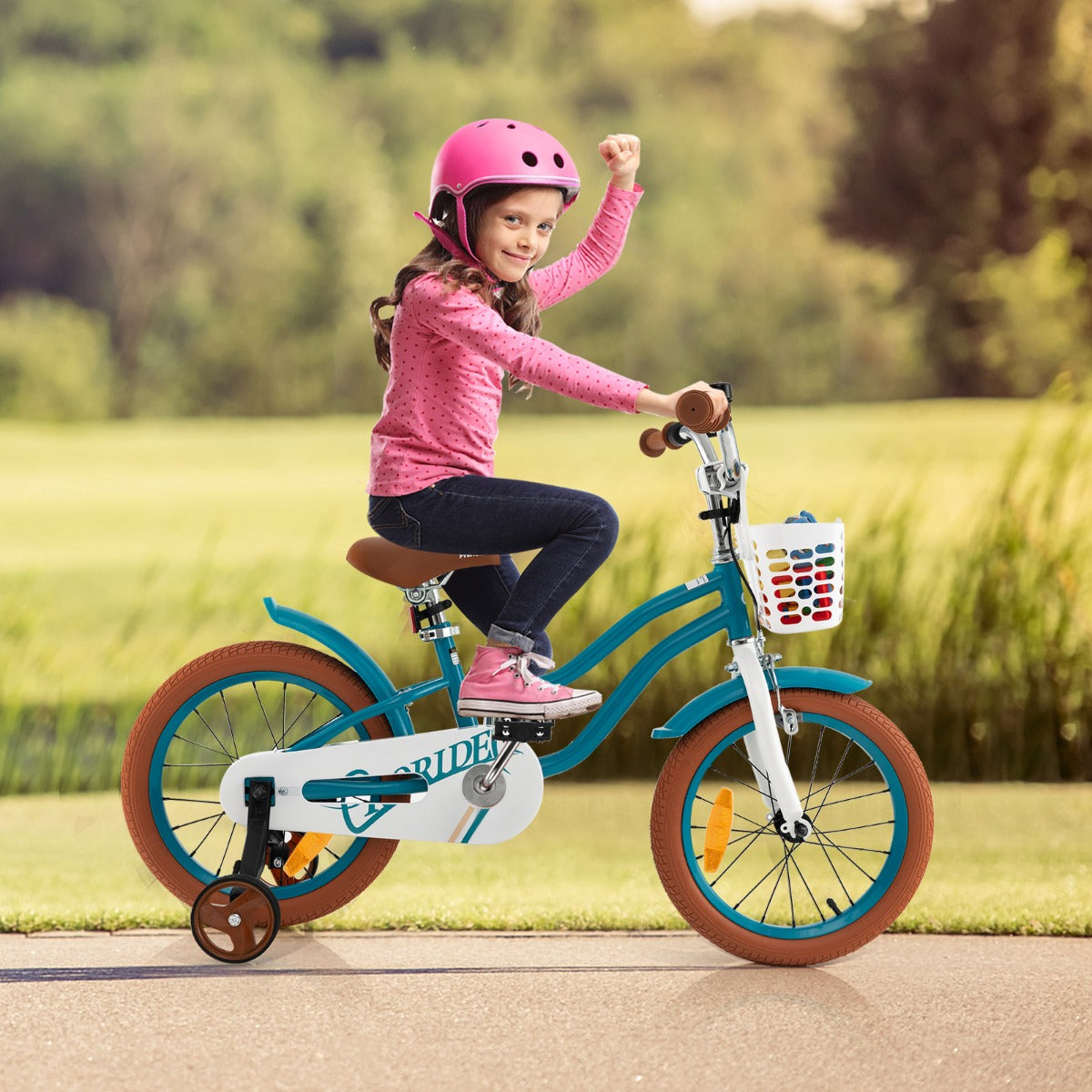 Kids Bike Adjustable with Handbrake and Basket for 4-7 Years Old-Turquoise-16 inches