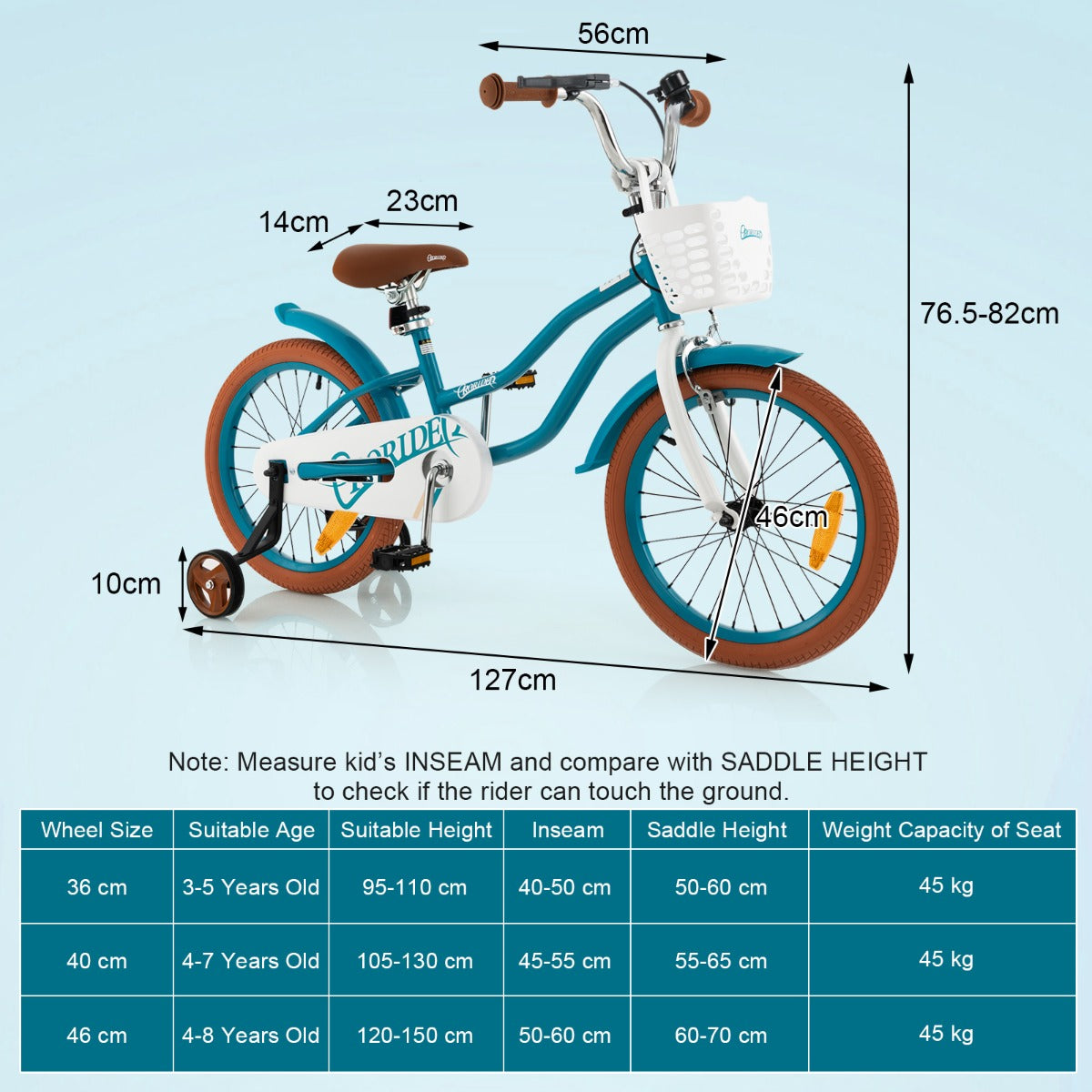 Kids Bike Adjustable with Handbrake and Basket for 4-8 Years Old-Turquoise-18 inches