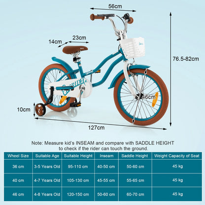 Kids Bike Adjustable with Handbrake and Basket for 4-8 Years Old-Turquoise-18 inches