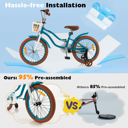 Kids Bike Adjustable with Handbrake and Basket for 4-8 Years Old-Turquoise-18 inches