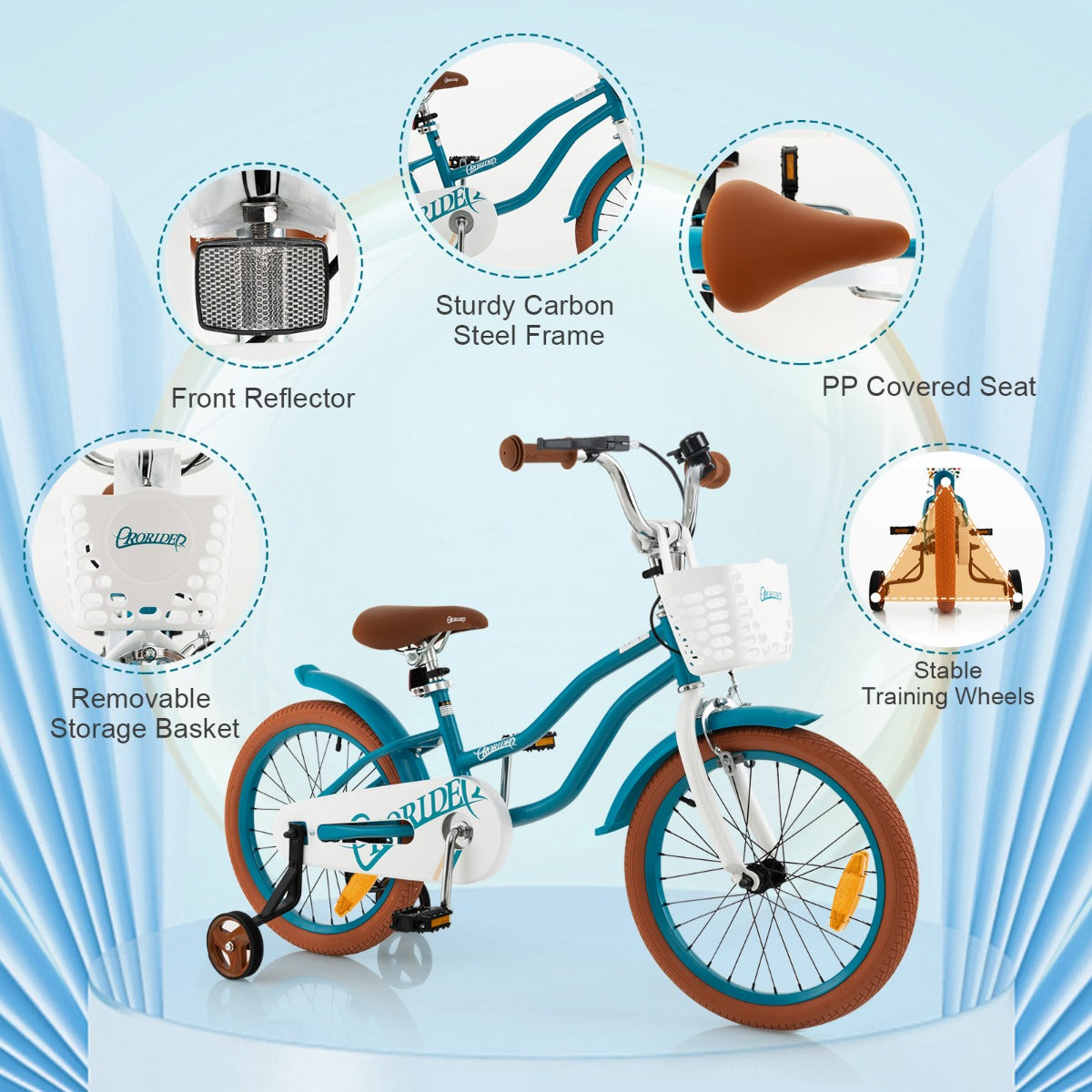 Kids Bike Adjustable with Handbrake and Basket for 4-8 Years Old-Turquoise-18 inches