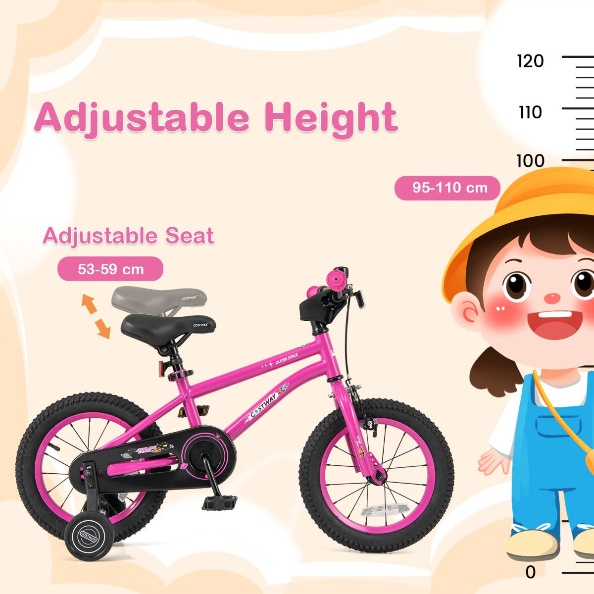 Kids Bike for 4-7 Years Old Sport Bicycle Adjustable with Training Wheels-Pink-14 inches