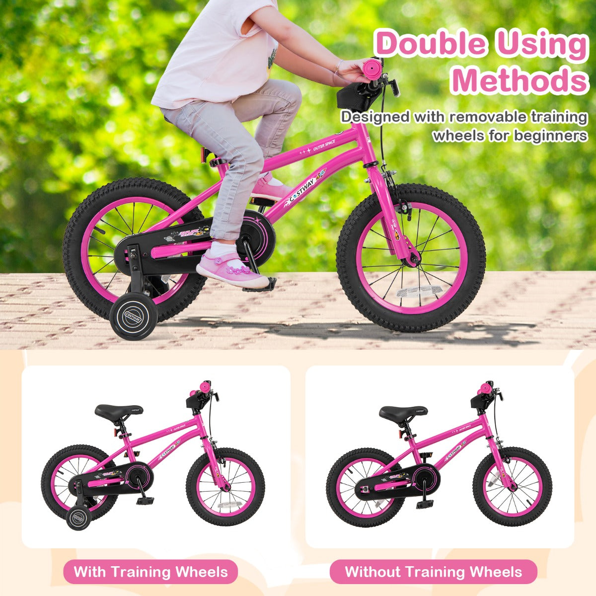 Kids Bike for 4-7 Years Old Sport Bicycle Adjustable with Training Wheels-Pink-14 inches