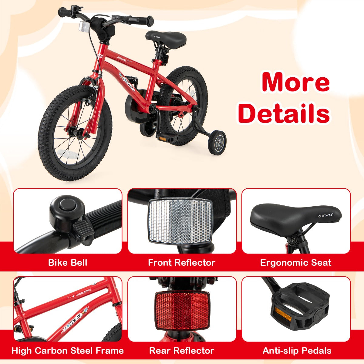 Kids Bike for 4-7 Years Old Sport Bicycle Adjustable with Training Wheels-Red-14 inches