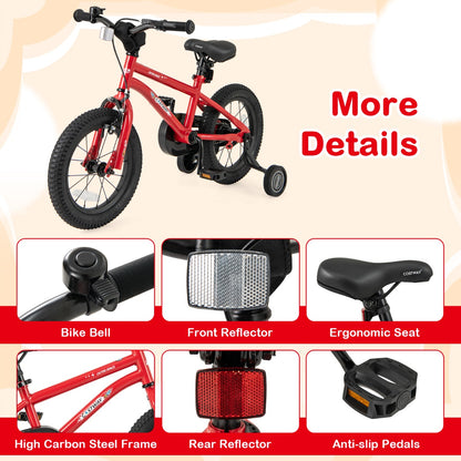 Kids Bike for 4-7 Years Old Sport Bicycle Adjustable with Training Wheels-Red-14 inches