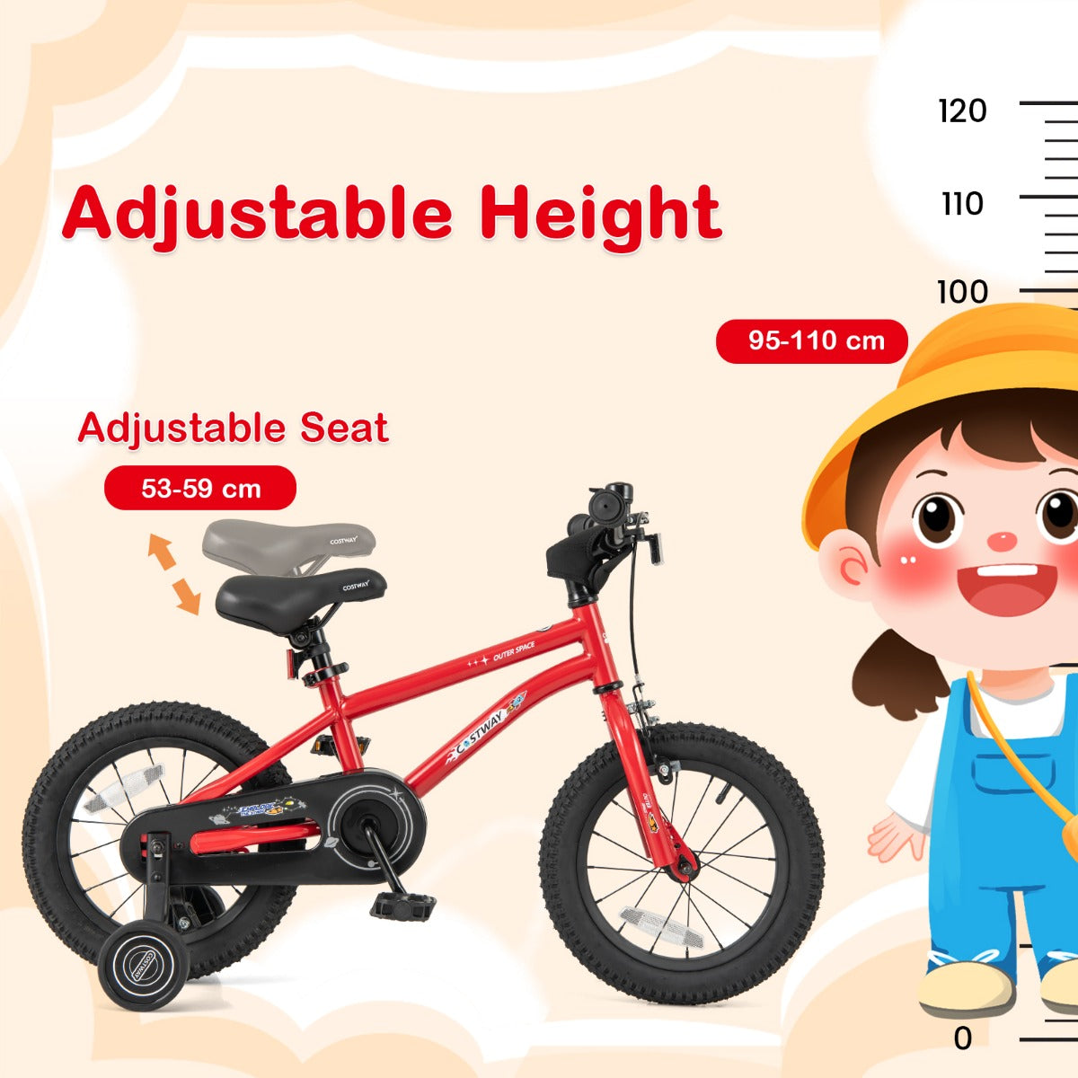 Kids Bike for 4-7 Years Old Sport Bicycle Adjustable with Training Wheels-Red-14 inches