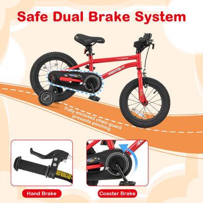 Kids Bike for 4-7 Years Old Sport Bicycle Adjustable with Training Wheels-Red-14 inches
