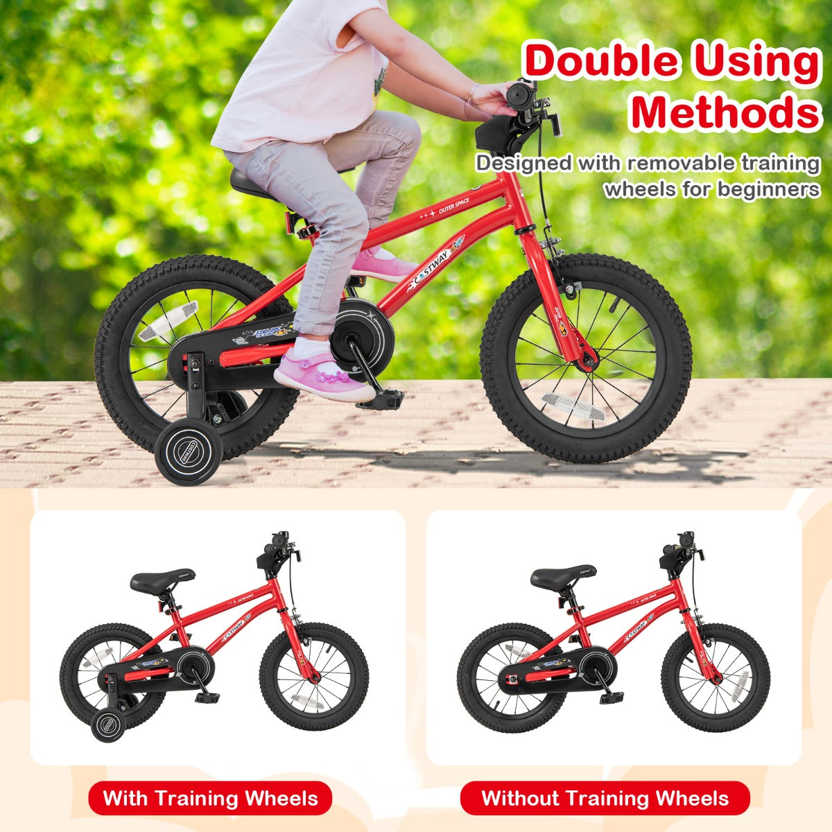 Kids Bike for 4-7 Years Old Sport Bicycle Adjustable with Training Wheels-Red-14 inches