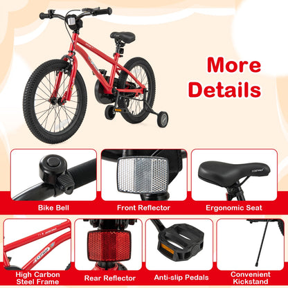 Kids Bike for 4-7 Years Old Sport Bicycle Adjustable with Training Wheels-Red-18 inches