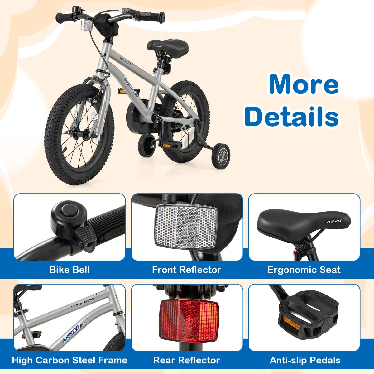 Kids Bike for 4-7 Years Old Sport Bicycle Adjustable with Training Wheels-Silver-14 inches