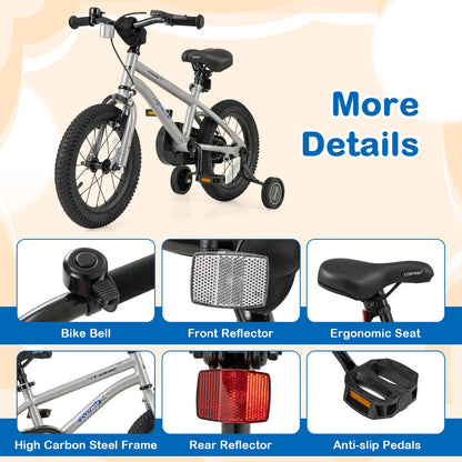 Kids Bike for 4-7 Years Old Sport Bicycle Adjustable with Training Wheels-Silver-14 inches