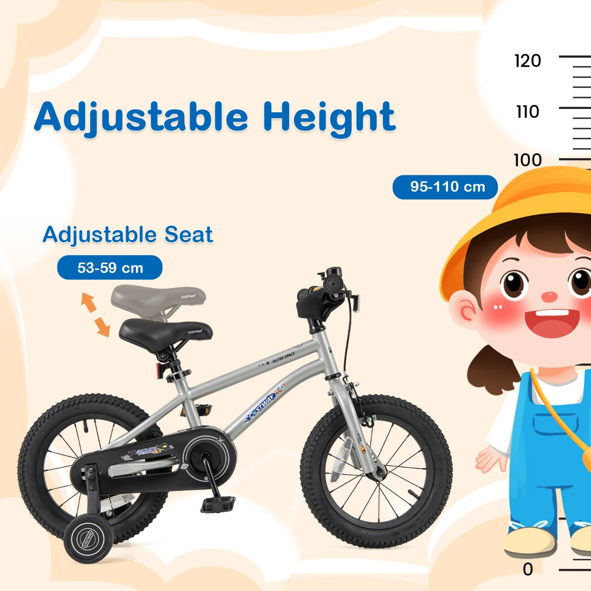 Kids Bike for 4-7 Years Old Sport Bicycle Adjustable with Training Wheels-Silver-14 inches