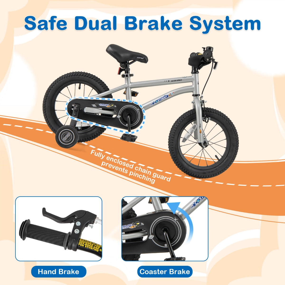Kids Bike for 4-7 Years Old Sport Bicycle Adjustable with Training Wheels-Silver-14 inches