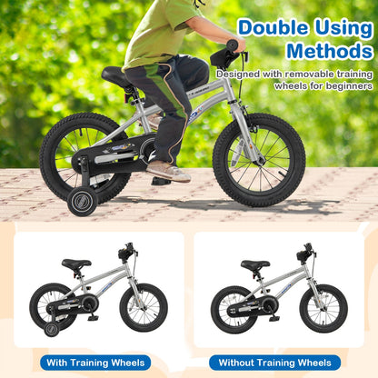 Kids Bike for 4-7 Years Old Sport Bicycle Adjustable with Training Wheels-Silver-14 inches